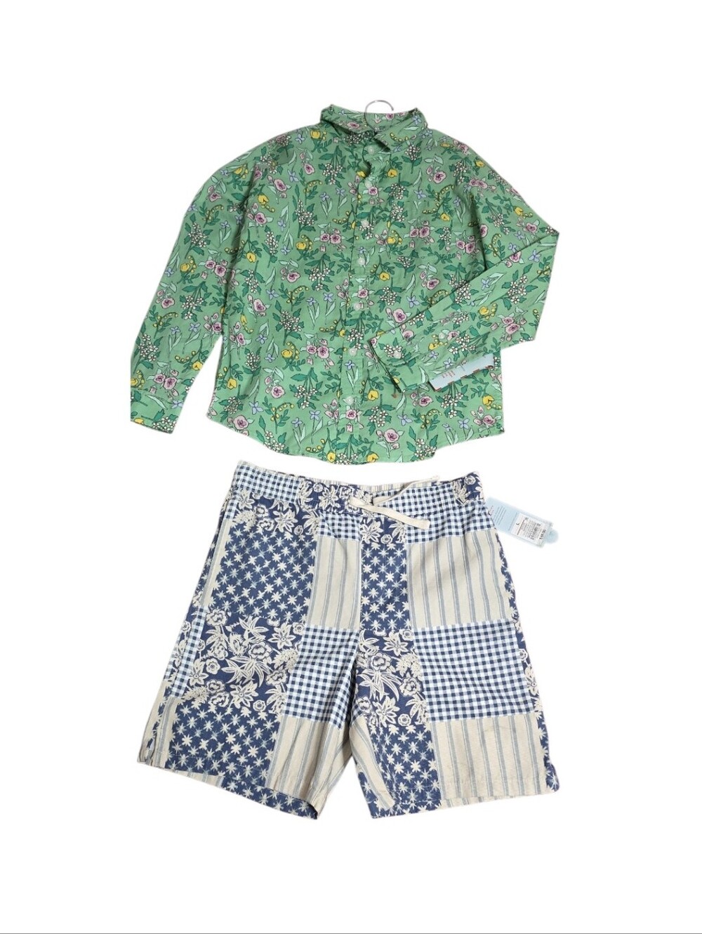 Kids Floral Green Blouse Top with Blue Patchwork Shorts